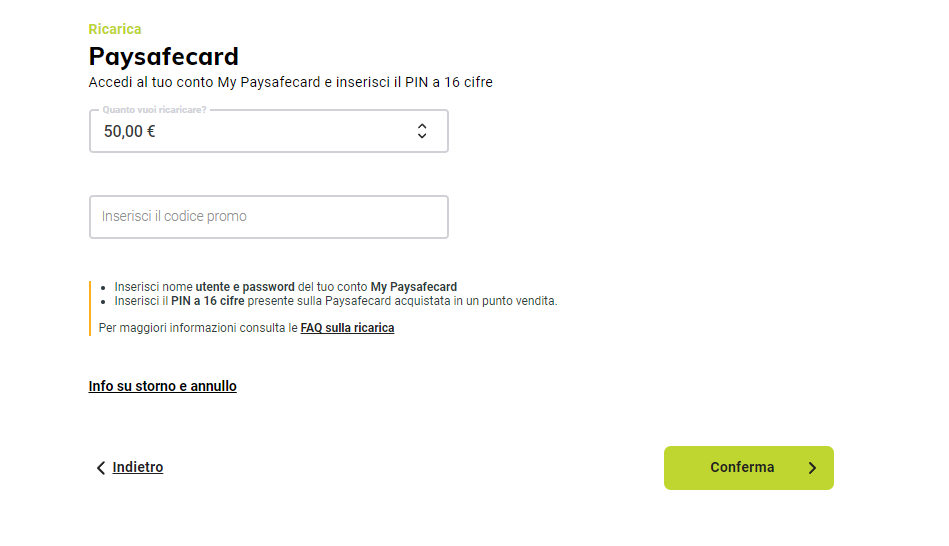 Conferma Deposita paysafecard