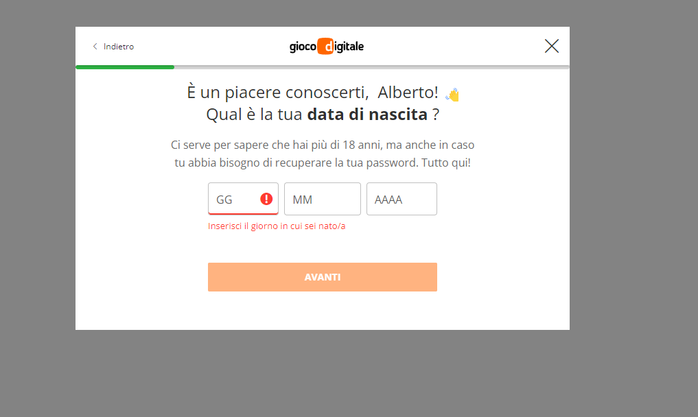 inserisci data di nascita Gioco Digitale