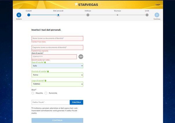 Inserisci i yuoi dati personali starvegas