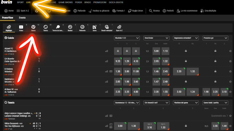 Scommesse live sul calcio su bwin