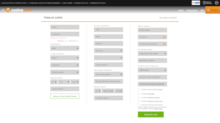 Registrazione Casino.com