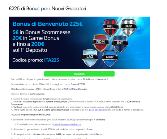 William Hill i bonus di benvenuto