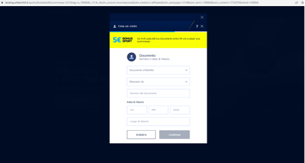 William Hill registrazione panel 4