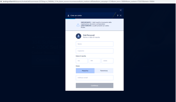 William Hill registrazione panel 1