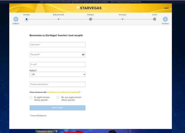 pagina per l'inserimento dei dati personali Starvegas