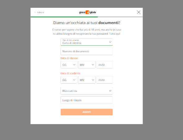 documenti di identità Gioco Digitale