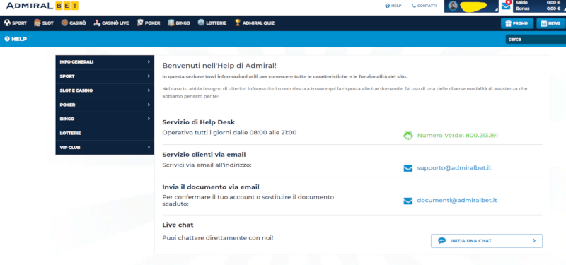 pagina di contatto admiralbet