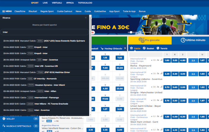 Barra di navigazione di goldbet italia