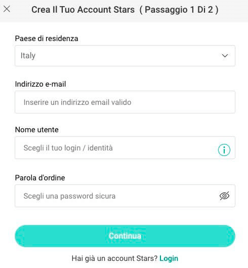 Inserisci i dati personali Betstars