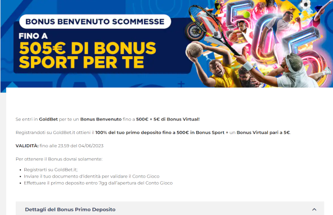 Bonus di benvenuto goldbet italia