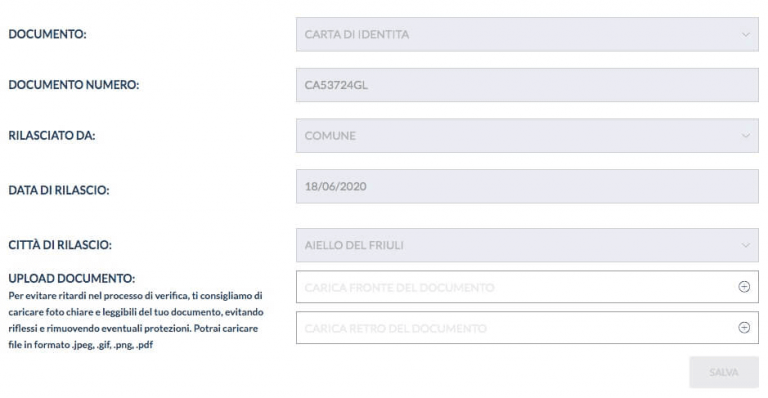 Dettagli del documento di identità Registrazione Eurobet