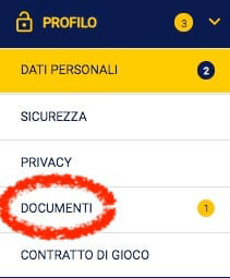 caricare i documenti dalla registrazione telefono goldbet