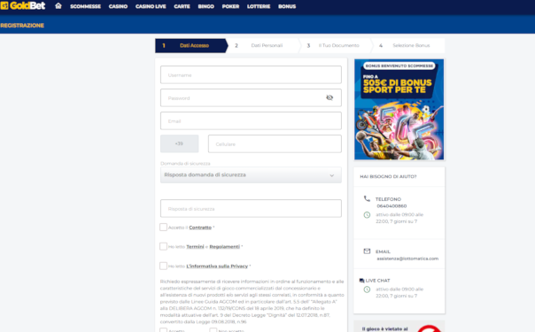 Inserisci i dati personali su goldbet per la registrazione