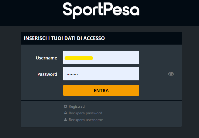 Inserisci nome e password Sport Pesa