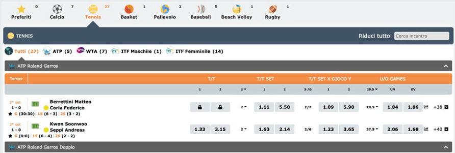 schermata principale delle scommesse live in bbet