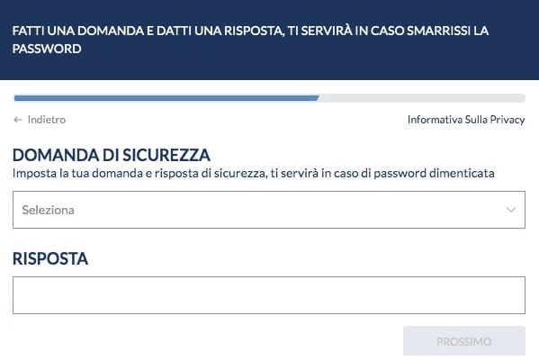 richiesta domanda di sicurezza Registrazione Eurobet