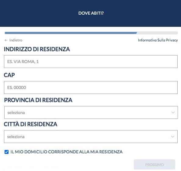 inserire i dati di residenza Registrazione Eurobet