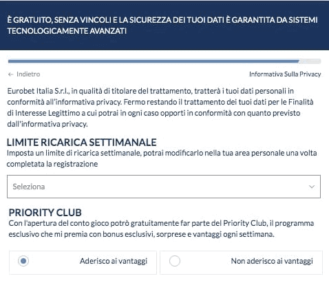  fissare un limite massimo di ricarica settimanale Registrazione Eurobet 