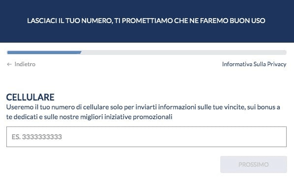 Inserisci il numero di telefono Registrazione Eurobet