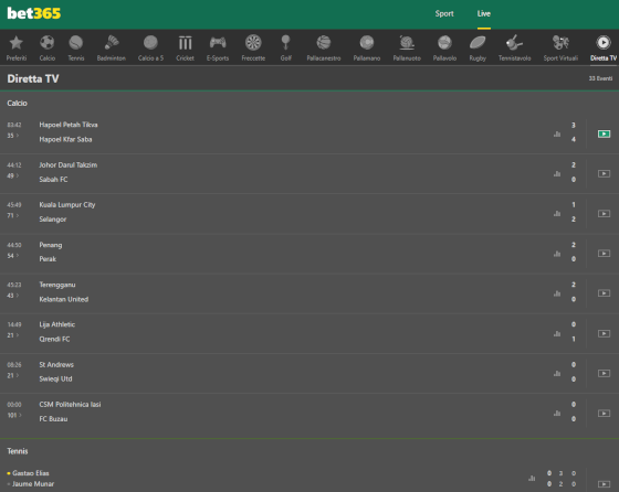 eventi in streaming su bet365