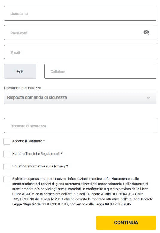 Modulo di registrazione goldbet