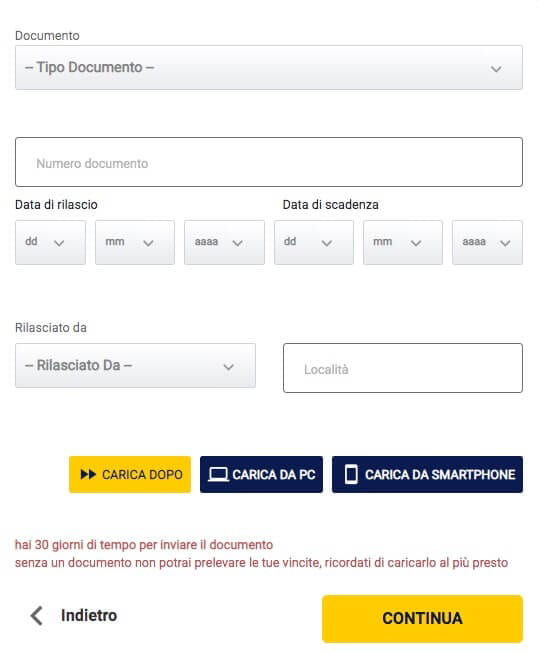 Tipo Documento Eurobet