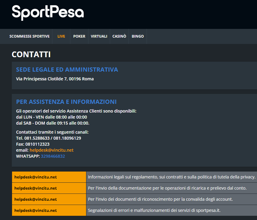informazioni sui contatti Sport Pesa