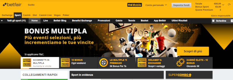 Pagina principale di Betfair Italia