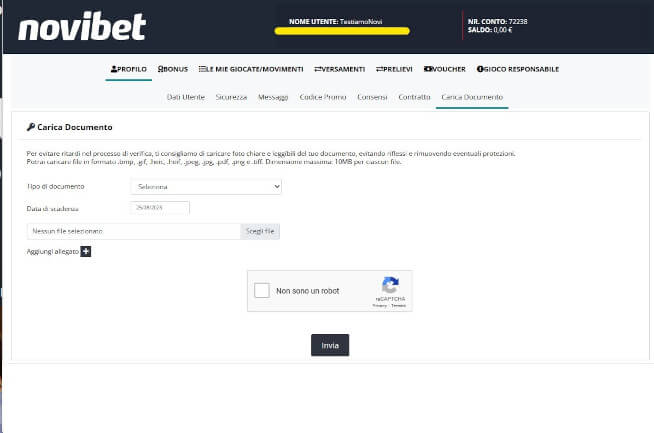 Caricare i documenti per ottenere il bonus di benvenuto di Novibet Italia
