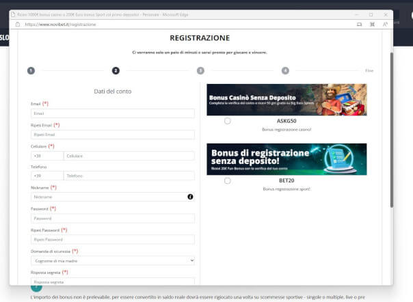 Inserire i dati personali per completare la registrazione a Novibet Italia