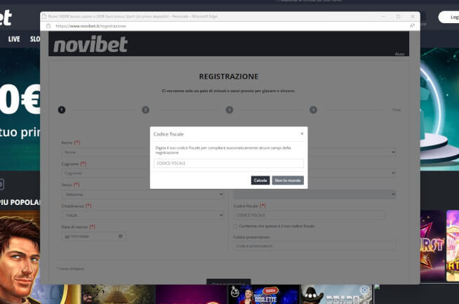 Inserire il codice fiscale alla pagina di registrazione di Novibet Italia