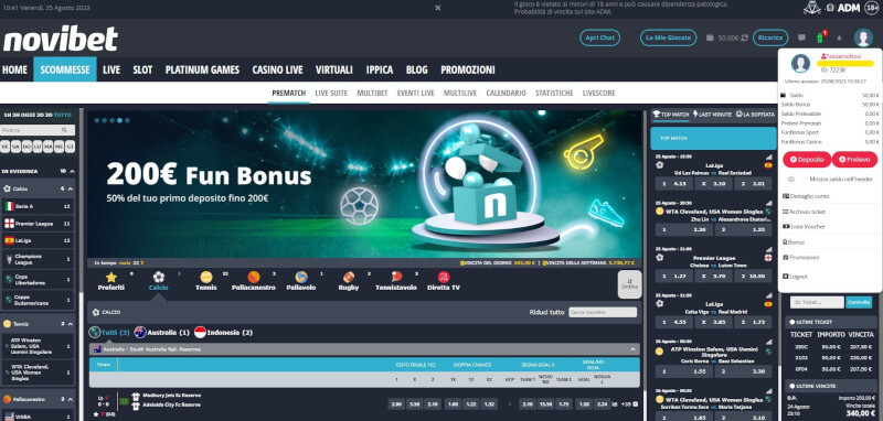 La promozione del Fun Bonus viene visualizzata sulla sezione scommesse sportive di Novibet Italia