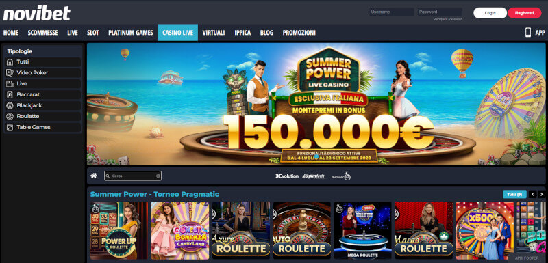 Sezione live del casinò di Novibet Italia