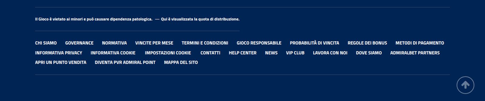 Piè di pagina di admiralbet.it con l'avvertenza «Il Gioco è vietato ai minori e può causare dipendenza patologica» seguita da «Qui è visualizzata la quota di distribuzione», e la riga di link che comprende Normativa, Probabilità di vincita, Regole dei bonus e Metodi di pagamento