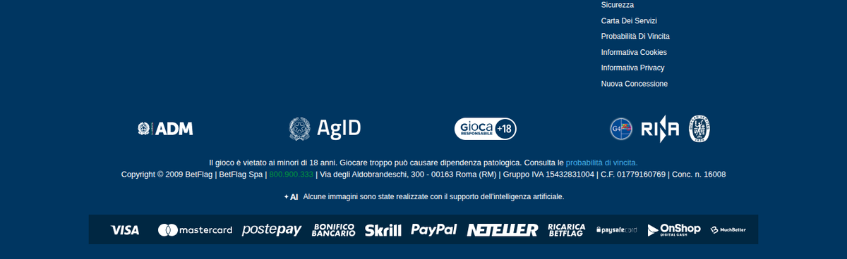 Piè di pagina di BetFlag con il numero di concessione 16008 della nuova serie, i loghi ADM e AgID e i metodi di pagamento accettati.