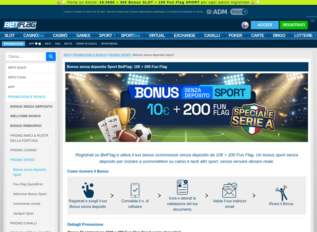 Pagina ufficiale BetFlag del bonus senza deposito sport: 10 euro piu 200 Fun Flag, senza versamento.
