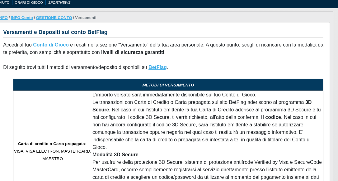 Tabella dei metodi di versamento di BetFlag, con carta di credito o prepagata VISA, Mastercard e Maestro e la spiegazione del 3D Secure.