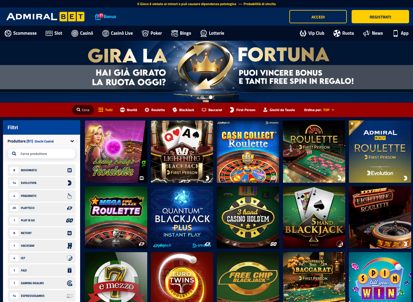 Sezione casinò di admiralbet.it con il menù Scommesse, Slot, Casinò Live, Poker, Bingo e Lotterie, il filtro laterale che indica «Fornitori (81)» e la griglia dei giochi con roulette, blackjack e slot