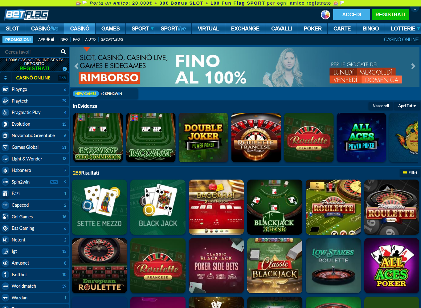 Sezione casinò di betflag.it con la barra superiore che elenca Slot, Casinò Live, Casinò, Games, Sport, Live, Virtual, Exchange, Cavalli, Poker, Carte, Bingo e Lotterie, sopra la griglia dei giochi