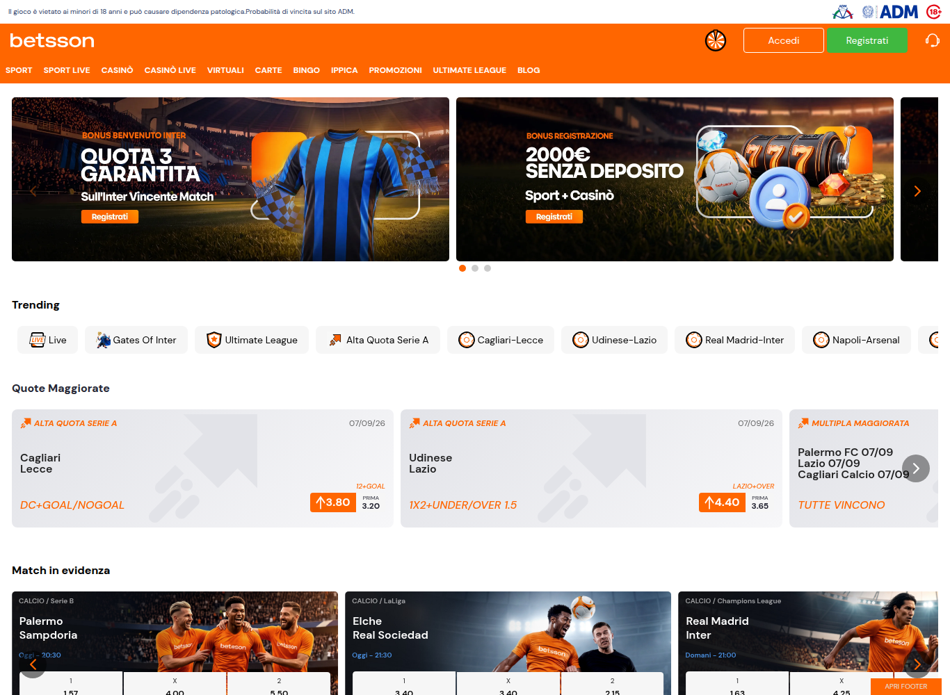 Home page di betsson.it con il banner «2000€ senza deposito — Sport + Casinò» accanto a una quota maggiorata sportiva, con il logo ADM e il simbolo 18+ nella barra superiore