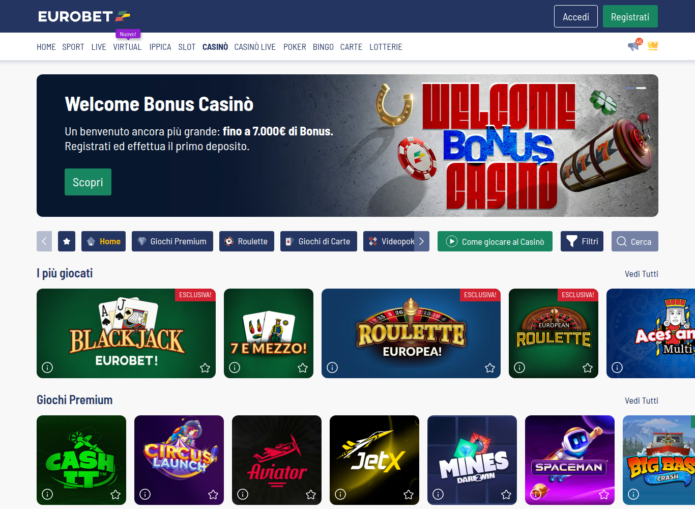 Sezione casinò di eurobet.it: la barra di navigazione in alto elenca Sport, Live, Virtual, Ippica, Giochi, Casinò, Casinò Live, Poker, Bingo, Carte e Lotterie una accanto all'altra, con il banner «Welcome Bonus Casinò fino a 7.000€» e le categorie Slot, Giochi Premium, Roulette, Giochi di Carte e Videogiochi