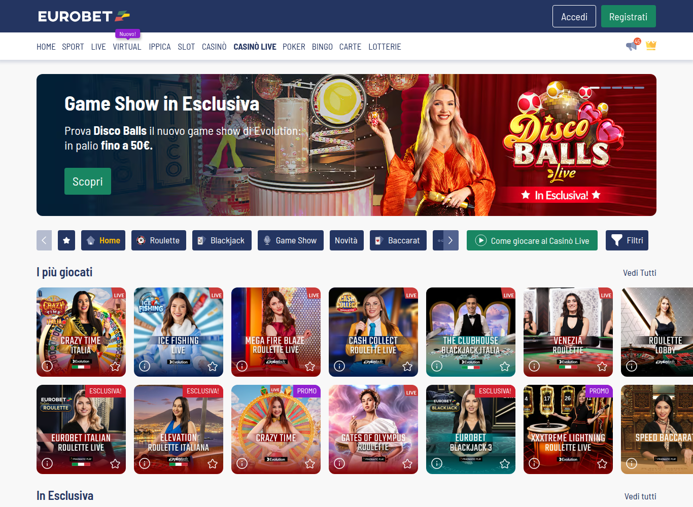 Sezione casinò live di eurobet.it con il banner «Game Show in Esclusiva», i filtri Tutti, Roulette, Blackjack, Game Show, Novità e Baccarat, e la griglia «I più giocati» con i tavoli ripresi in diretta e i rispettivi croupier