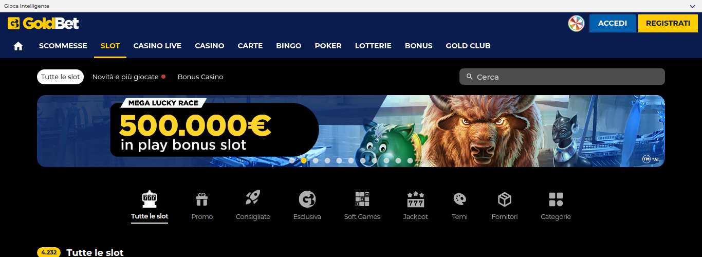 Sezione slot di goldbet.it: il menù Scommesse, Slot, Casinò Live, Casinò, Carte, Bingo, Poker, Lotterie, Bonus e Gold Club, la riga Tutte le slot, Novità e più giocate, Bonus Casino, e i nove filtri Tutte le slot, Promo, Consigliate, Esclusiva, Soft Games, Jackpot, Temi, Fornitori e Categorie