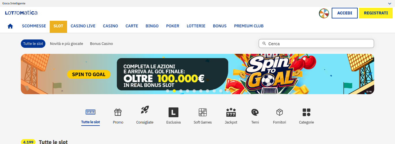 Sezione slot di lottomatica.it: lo stesso menù di Goldbet nello stesso ordine, con Premium Club al posto di Gold Club, la stessa riga Tutte le slot, Novità e più giocate, Bonus Casino, e gli stessi nove filtri Tutte le slot, Promo, Consigliate, Esclusiva, Soft Games, Jackpot, Temi, Fornitori e Categorie