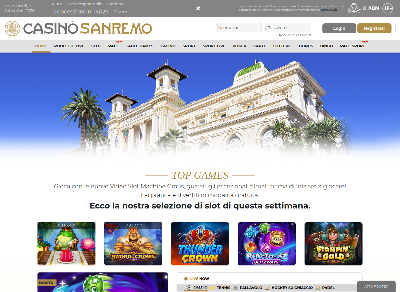 Home page di online.casinosanremo.it con la dicitura «Concessione n. 16029», il logo ADM e il simbolo 18+ in alto, il menù Home, Roulette Live, Slot, Race, Table Games, Casinò, Casinò Sport, Sport Live, Poker, Carte, Lotterie, Bingo e Race Sport, e la fotografia della casa da gioco di Sanremo