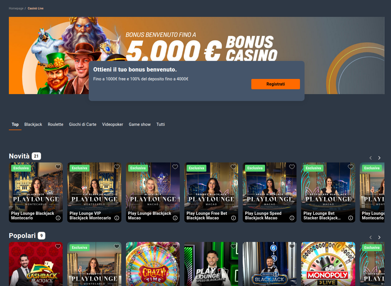 Sezione casinò live di snai.it con il banner «Bonus benvenuto fino a 5.000 € bonus casinò» e le schede Top, Blackjack, Roulette, Giochi di Carte, Videopoker, Game show e Tutti, sopra la griglia dei tavoli con dealer dal vivo