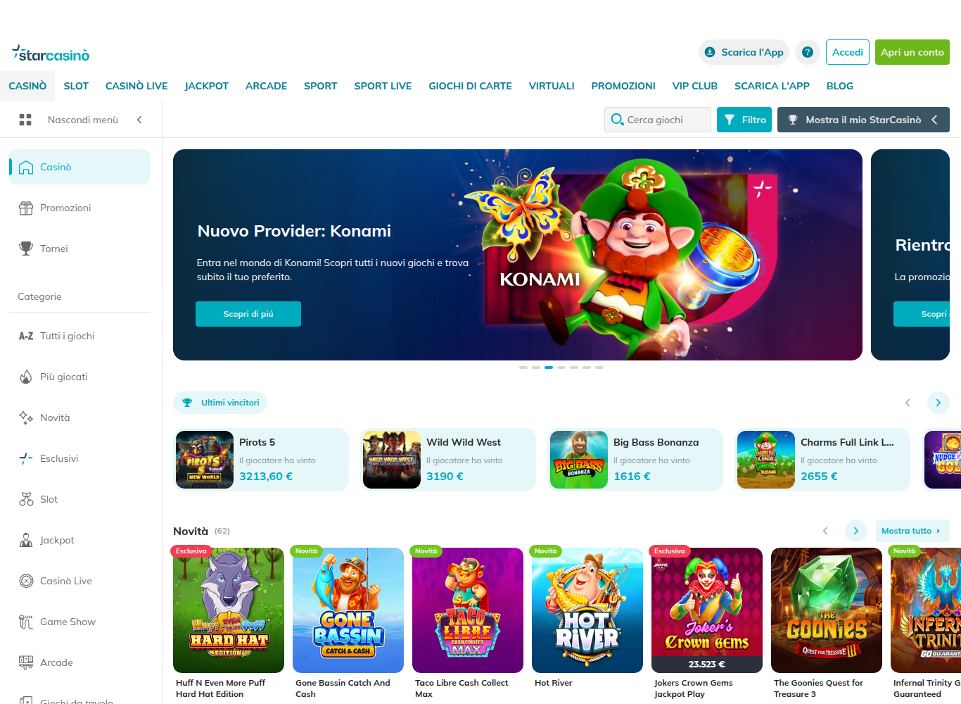 Home page di starcasino.it con il menù Casinò, Slot, Casinò Live, Jackpot, Arcade, Sport, Sport Live, Giochi di Carte, Virtuali, Promozioni, VIP Club, Scarica l'app e Blog, e il banner «Nuovo Provider: Konami»