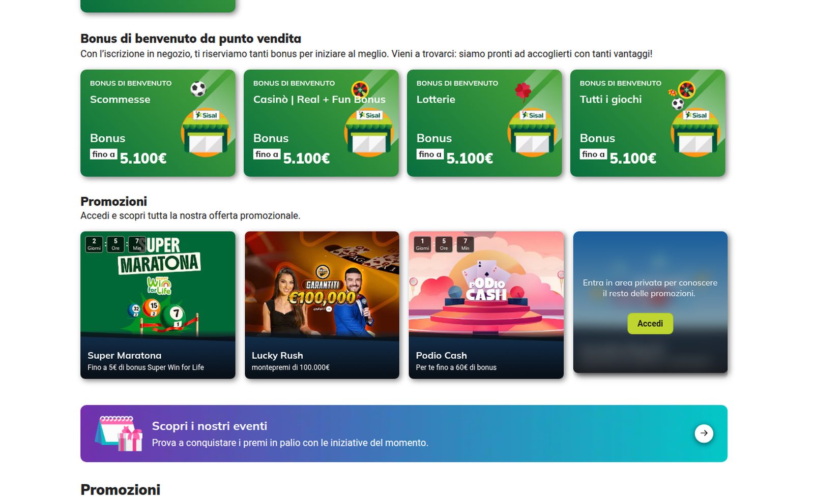 Pagina promozioni di sisal.it: quattro schede «Bonus di benvenuto da punto vendita» fino a 5.100 euro per Scommesse, Casinò, Lotterie e Tutti i giochi, seguite dalla sezione Promozioni con Super Maratona, Lucky Rush e Podio Cash